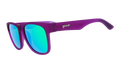 Three-quarter angle view of wide-fit purple sunglasses with square-shaped green reflective lenses.