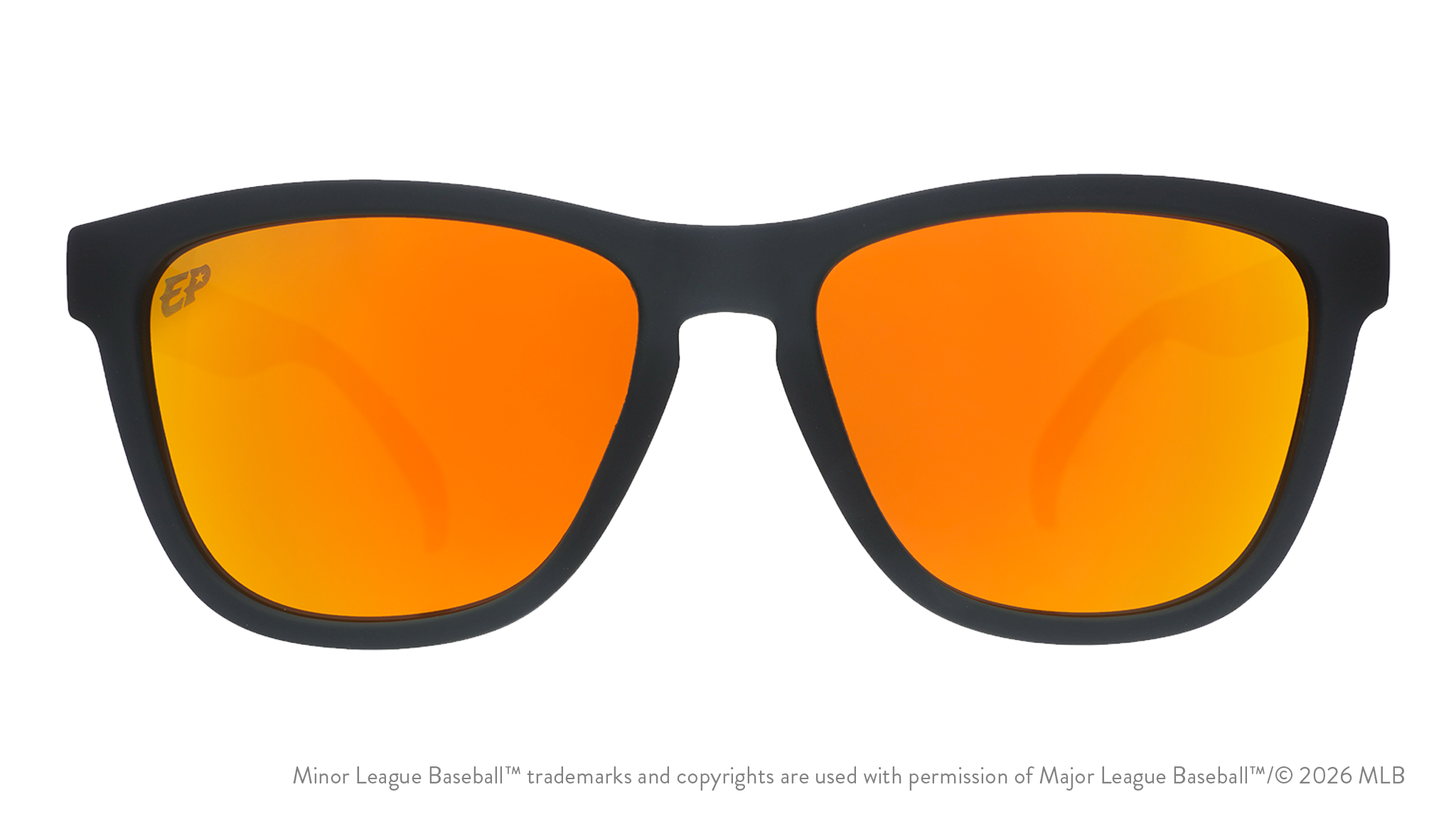 Front view of sunglasses. Dark gray front frame. Amber reflective lenses. Chihuahuas logo etching in top corner of lens.