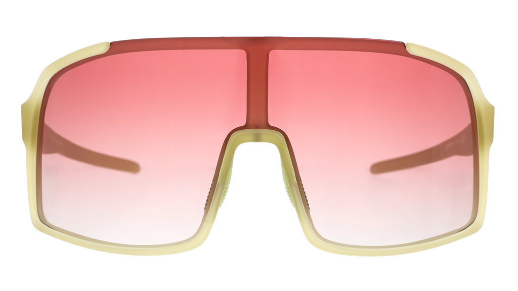Front view of translucent chartreuse wrap sunglasses with a rose gradient shield lens.
