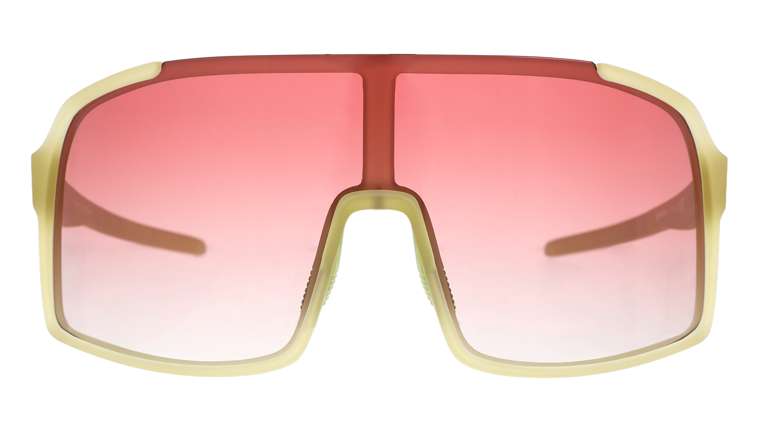 Front view of translucent chartreuse wrap sunglasses with a rose gradient shield lens.