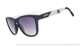 Three-quarter angle view of blue and orange Mets sunglasses featuring the script logo and a New York City skyline on the arm.