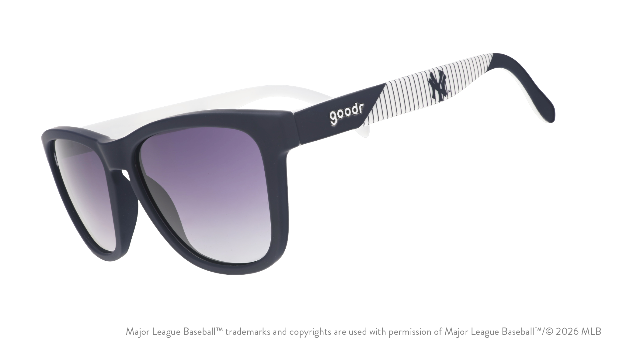 Three-quarter angle view of blue and orange Mets sunglasses featuring the script logo and a New York City skyline on the arm.