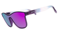 Three-quarter view of translucent purple-blue ombre VRG frames featuring a cosmos design and pink-purple reflective lens.
