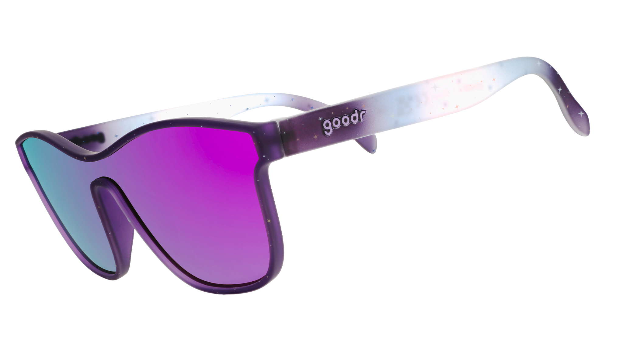 Three-quarter view of translucent purple-blue ombre VRG frames featuring a cosmos design and pink-purple reflective lens.