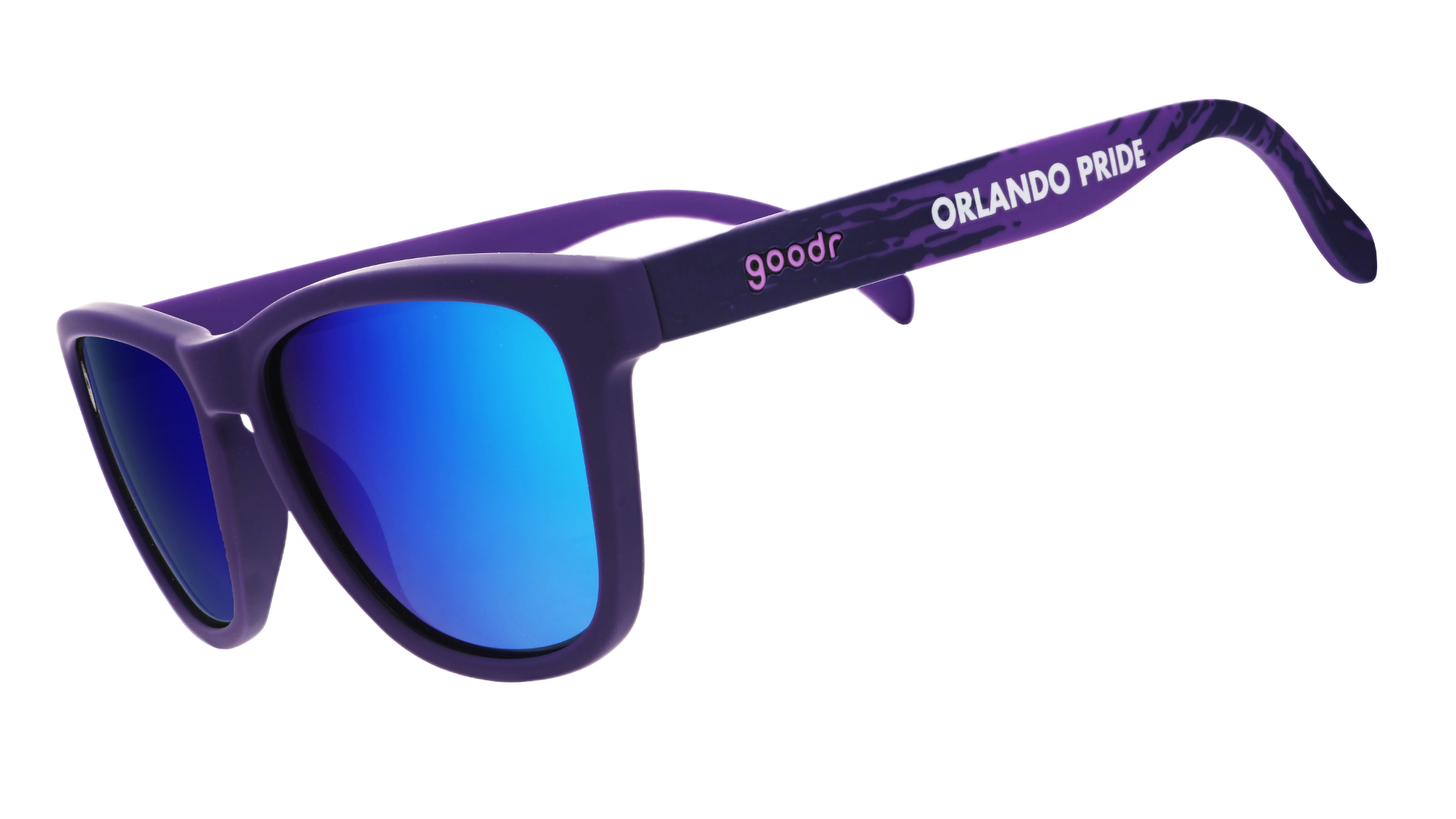 Sunglasses with blue lenses and purple frame on a white background