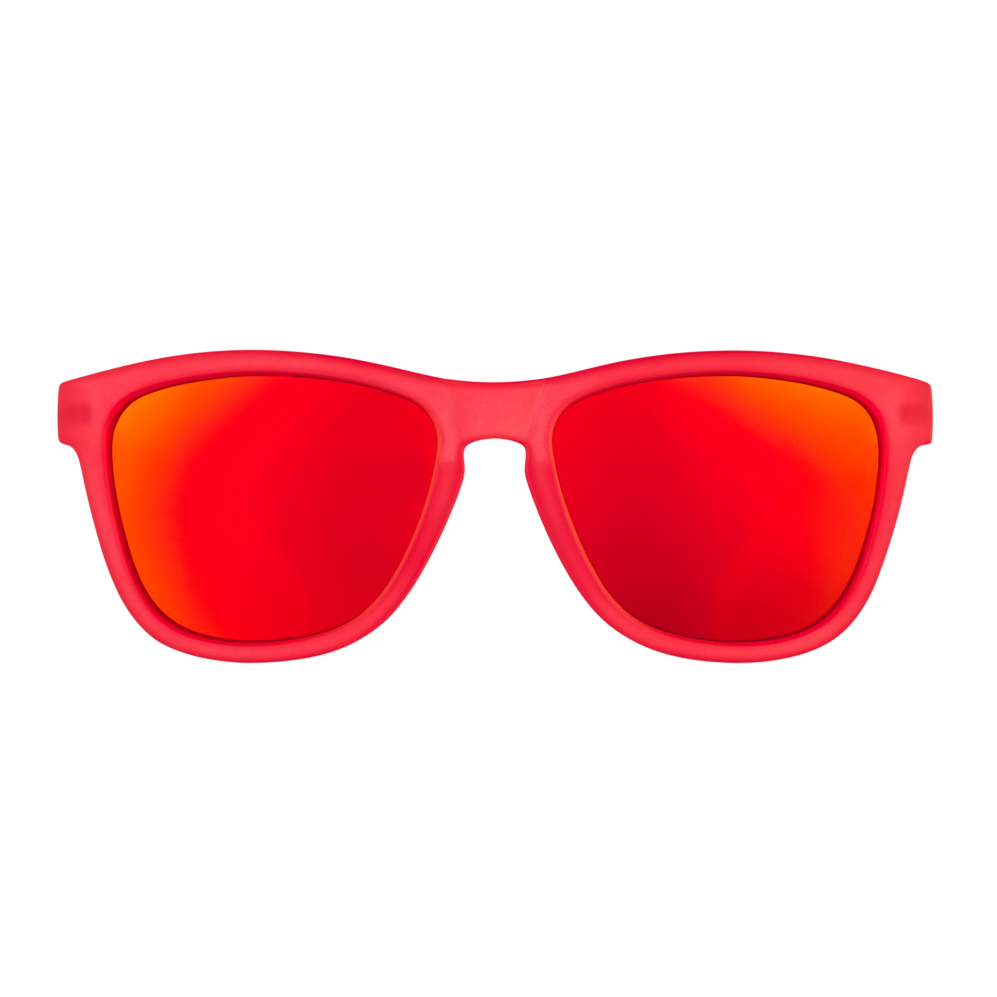 Front view of sunglasses. Red front frame with burnt orange reflective lenses on a white background.