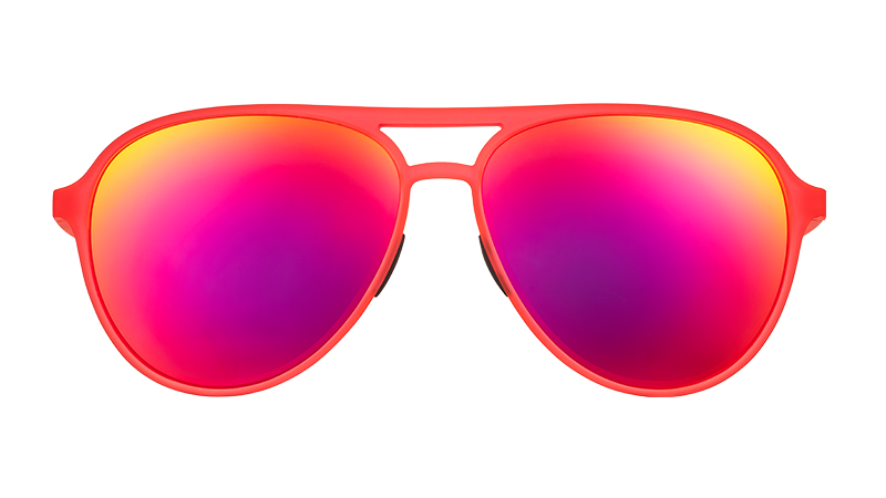 Front view of bright red aviator sunglasses with red mirrored lenses.