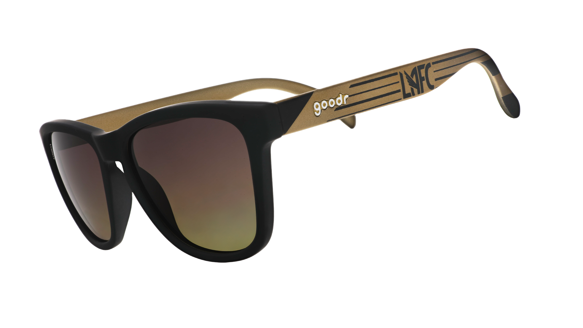 Three-quarter angle view of LAFC Major League Soccer sunglasses with black and gold frames and gray-yellow lenses