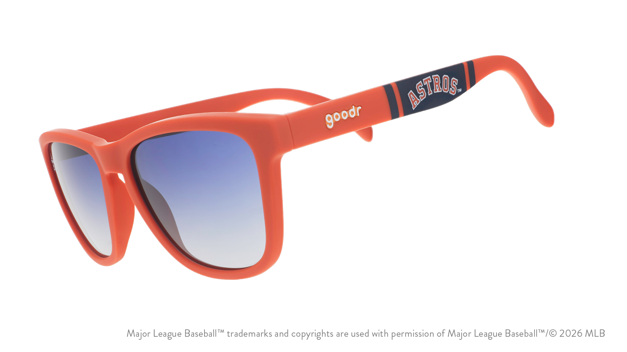 Three-quarter angle view of orange and navy Astros sunglasses featuring an Astros logo on the arm.