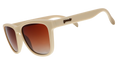 A pair of square sunglasses with light beige frames and orange lenses.