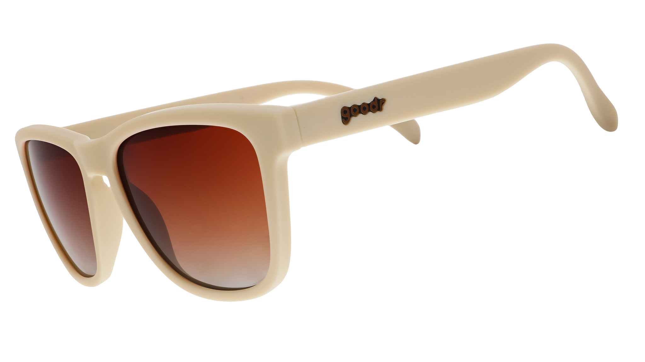 A pair of square sunglasses with light beige frames and orange lenses.