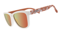 The image displays a pair of sunglasses with a white front frame and orange reflective lenses. The arms of the sunglasses are orange and decorated with University of Texas Longhorns logos
