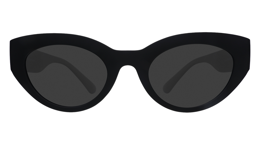 Front view of translucent black, retro-inspired angled cat-eye sunglasses with non-reflective lenses.