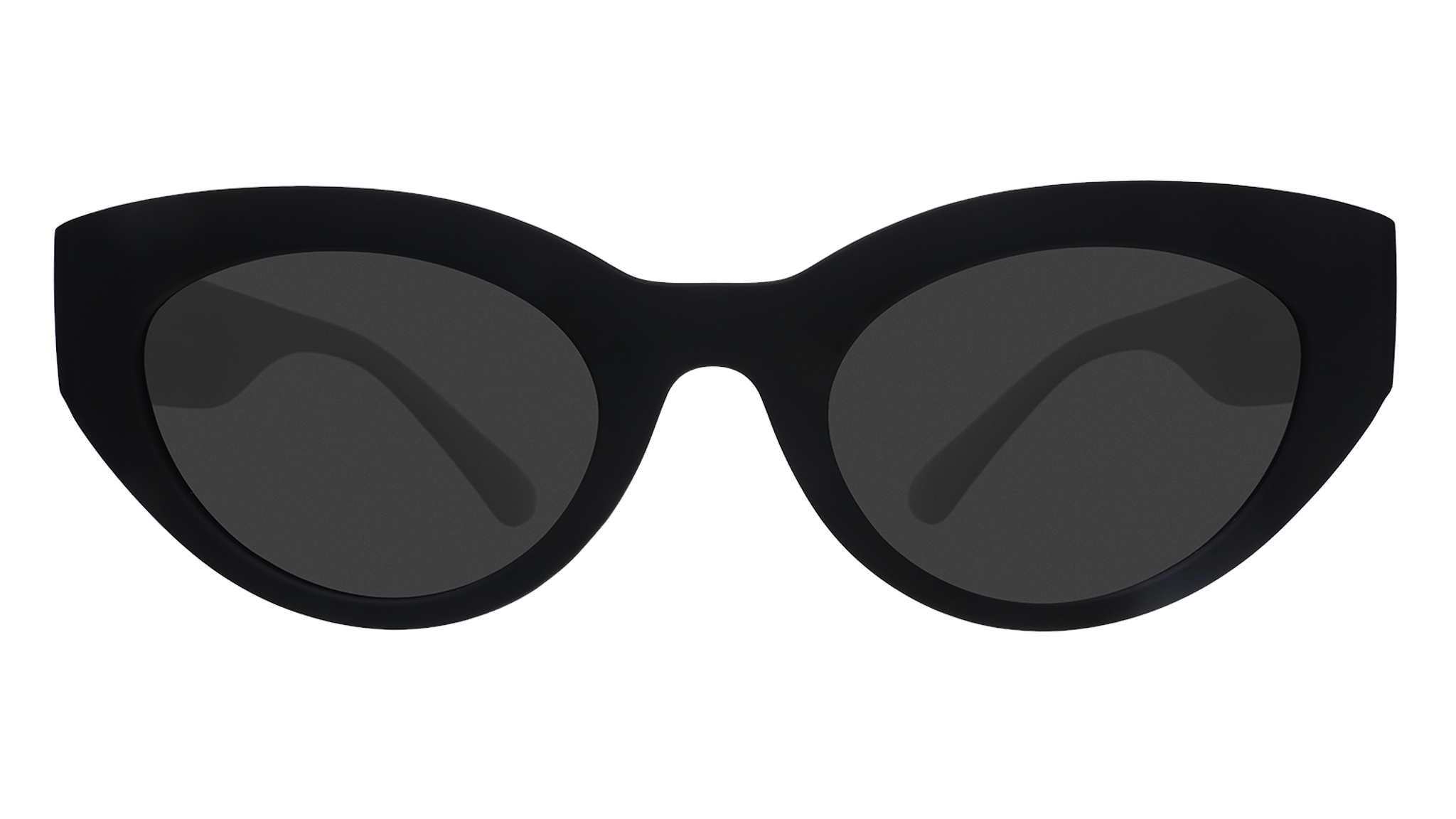 Front view of translucent black, retro-inspired angled cat-eye sunglasses with non-reflective lenses.
