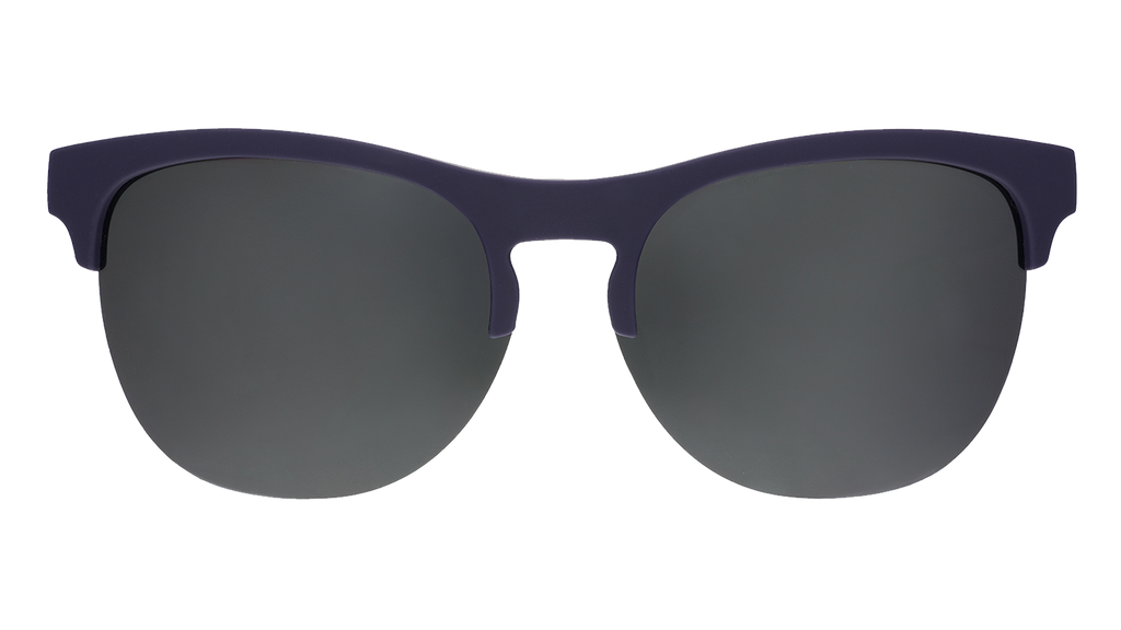 Front view of fashionable matte blue half-rim sunglasses with polarized reflective chrome lenses.