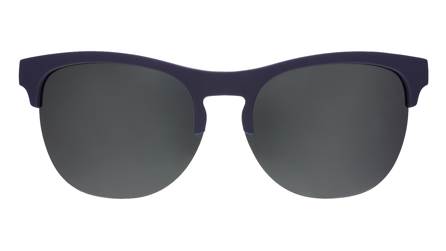 Front view of fashionable matte blue half-rim sunglasses with polarized reflective chrome lenses.