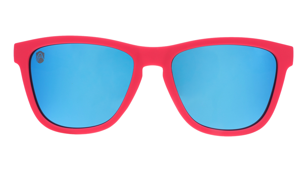 Front view of Major League Soccer St. Louis CITY SC shades. Red front frame. Blue reflective lenses.