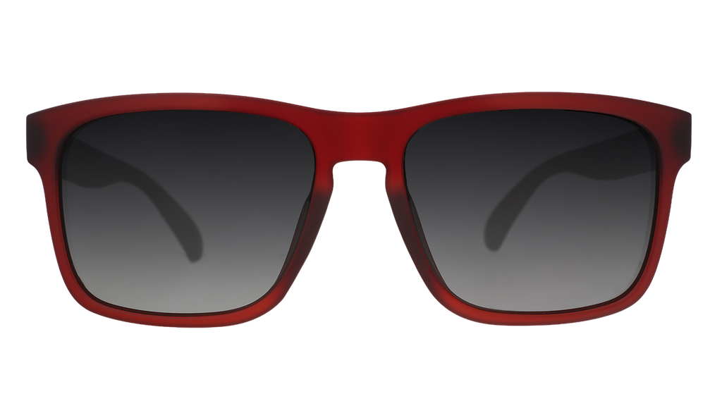 Front view of dark red Grand G frames and black gradient lenses.