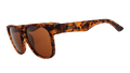 Three-quarter angle view of square-shaped, wide-fit tortoiseshell sunglasses with brown non-reflective lenses.