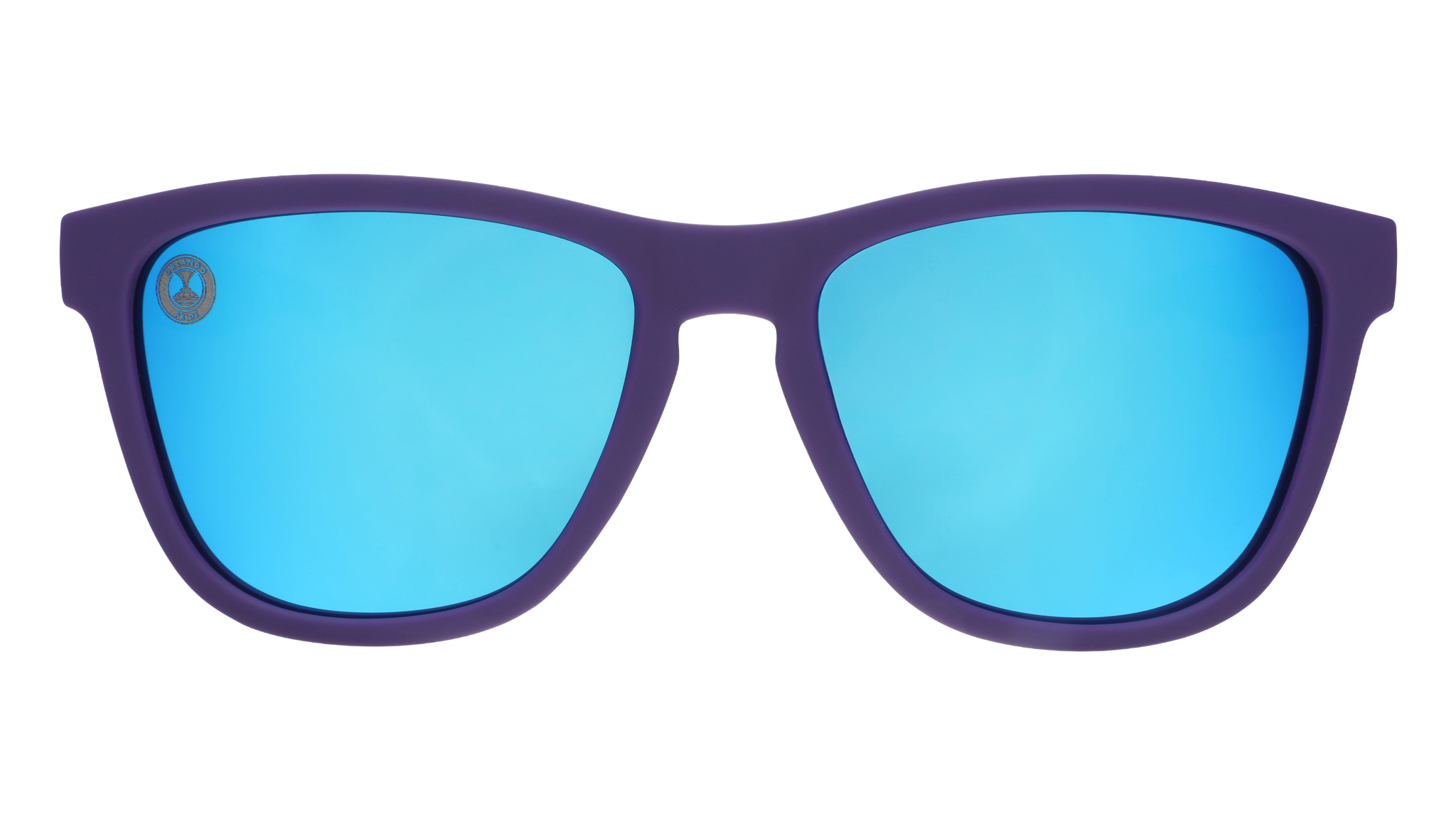 Sunglasses with blue lenses and purple frame on a white background