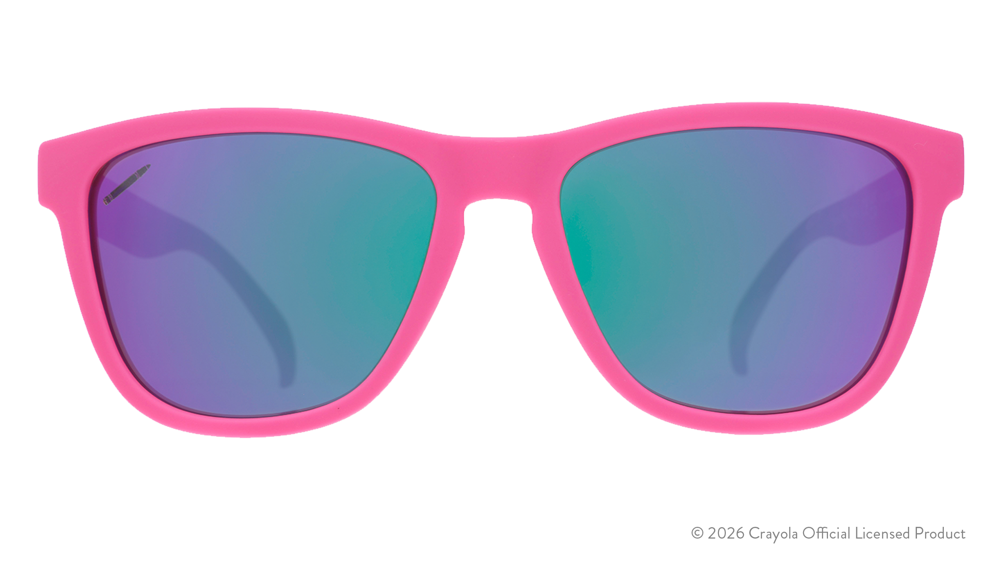 Front view of magenta sunglasses. Magenta front frame w/ purple pink reflective lenses+small crayon etching on lens.