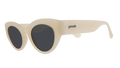 Three-quarter angle view of translucent soft cream, retro-inspired angled cat-eye sunglasses with black non-reflective lenses.
