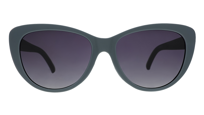 A pair of grey cat eye sunglasses with dark lenses and gold accents on the sides of each frame.