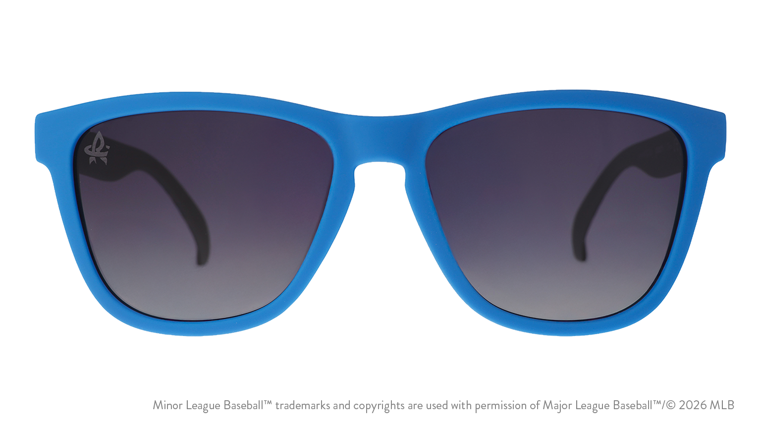 Front view of sunglasses. Blue front frame. Black gradient lenses. Trash Pandas logo etching in top corner of lens.