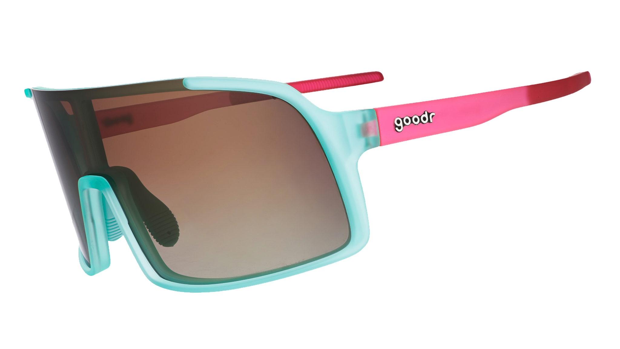 Three-quarter angle view of teal wrap sunglasses with pink arms and amber gradient lenses.