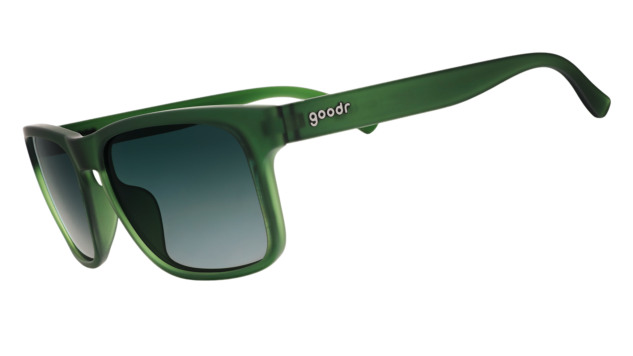 Three-quarter angle view of translucent dark green Grand Gs with green gradient lenses.