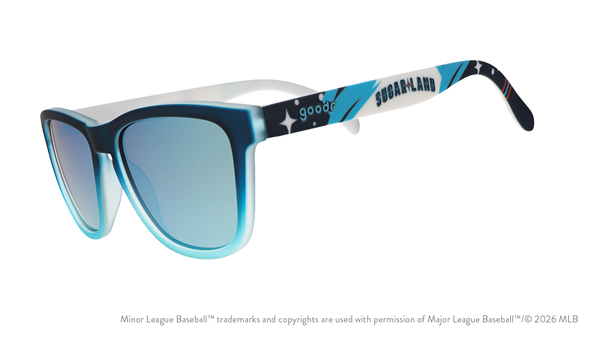 Three-quarter angle view of shades tilted down. Blue frames w/ stars, Sugar Land on temples + blue reflective lenses.