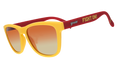 A pair of sunglasses with bright yellow frames and red arms, featuring the words "Fight On!" in bold yellow text on the side. The lenses have a gradient from orange to light.
