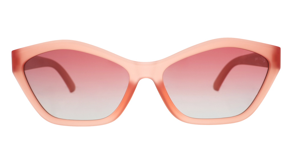 Front view of geometric sunglasses with translucent coral pink frames and gradient lenses against a white background.