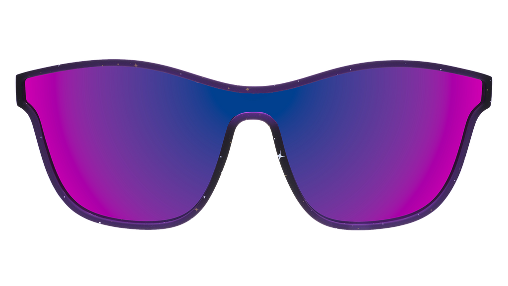 Front view of purple VRG frames featuring a design sprinkled with stars and a single pinkish-purple reflective lens.