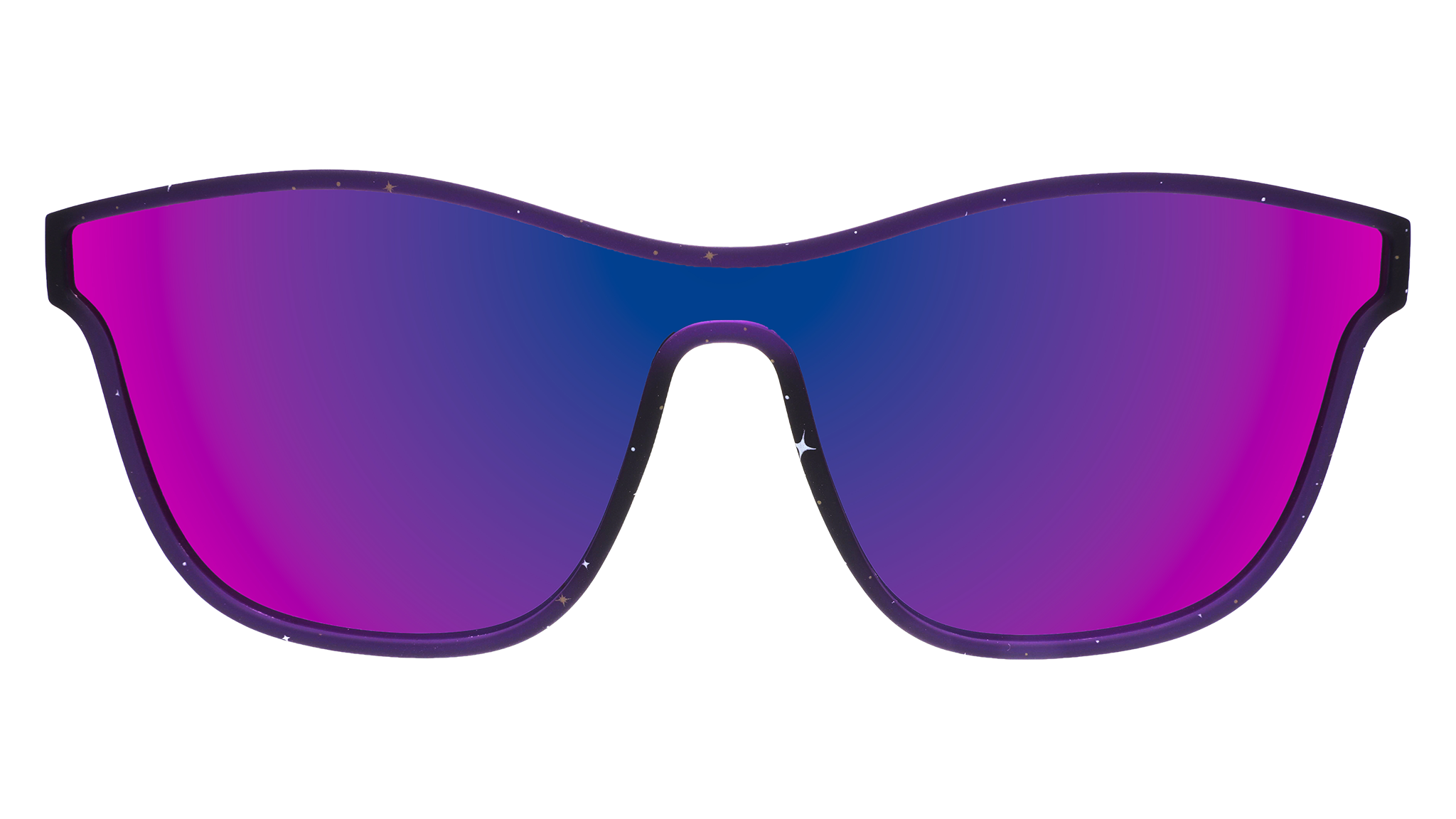 Front view of purple VRG frames featuring a design sprinkled with stars and a single pinkish-purple reflective lens.