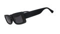 Three-quarter angle view of black rectangular sunglasses with black polarized lenses against a white background.