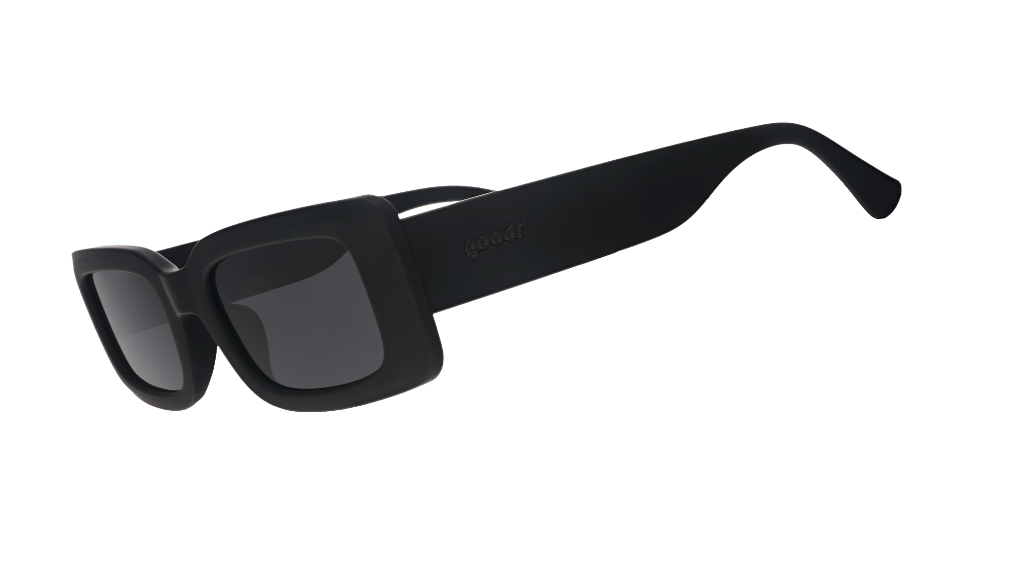 Three-quarter angle view of black rectangular sunglasses with black polarized lenses against a white background.
