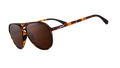 Three-quarter angle view of brown tortoiseshell aviator sunglasses with brown non-reflective lenses on a white background.
