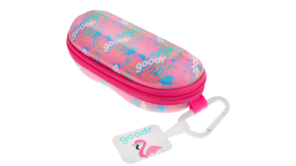 goodr sunglasses case, pink with a palm trees design and a hot pink zipper