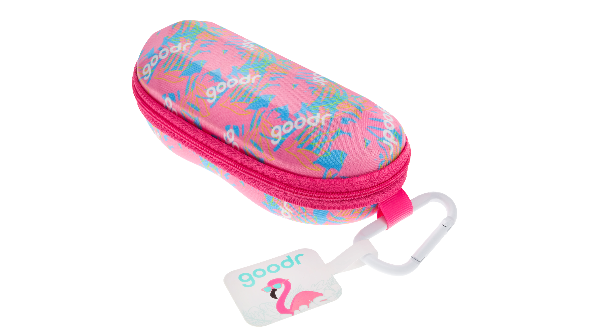 goodr sunglasses case, pink with a palm trees design and a hot pink zipper