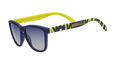 Angled view of shades tilted down. Blue frames w/striped yellow pattern+Nashville SC on temples. Blue gradient lenses.