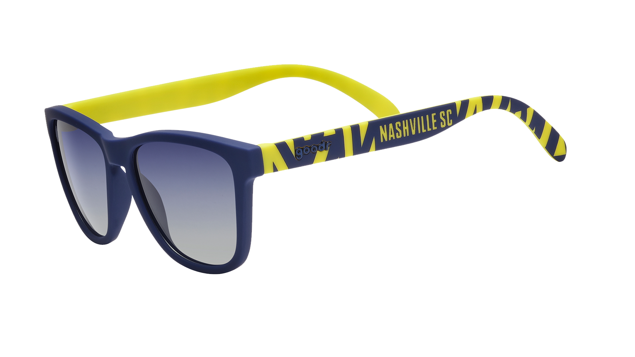 Angled view of shades tilted down. Blue frames w/striped yellow pattern+Nashville SC on temples. Blue gradient lenses.