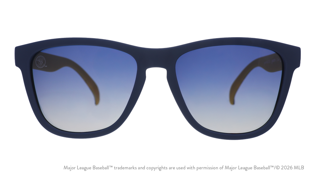 Front view of Brewers shades with navy faceplate. Blue gradient lenses have the ball-in-glove logo etched on the left lens.