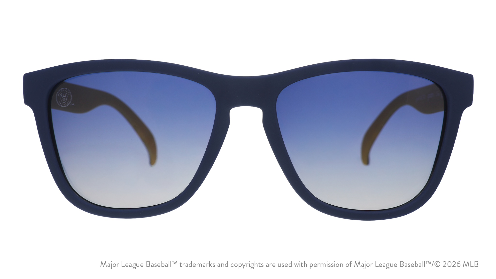 Front view of Brewers shades with navy faceplate. Blue gradient lenses have the ball-in-glove logo etched on the left lens.