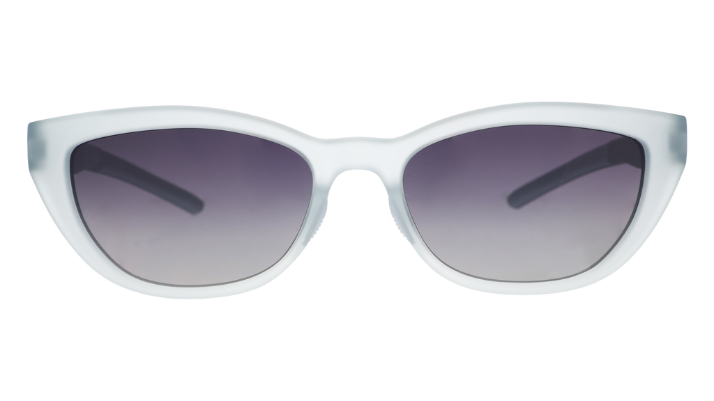 Front view of light blue cat-eye sunglasses with gradient violet lenses against a white background.