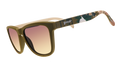 A pair of olive-green "goodr" sunglasses featuring gradient brown-tinted lenses and camouflage-patterned arms.