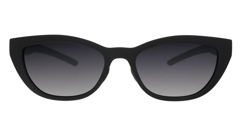 Front angle view of a pair of black cat-eye Cheetah G shades with black gradient lenses.