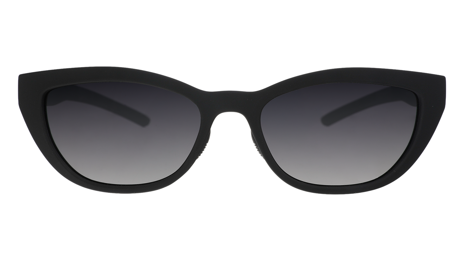 Front angle view of a pair of black cat-eye Cheetah G shades with black gradient lenses.