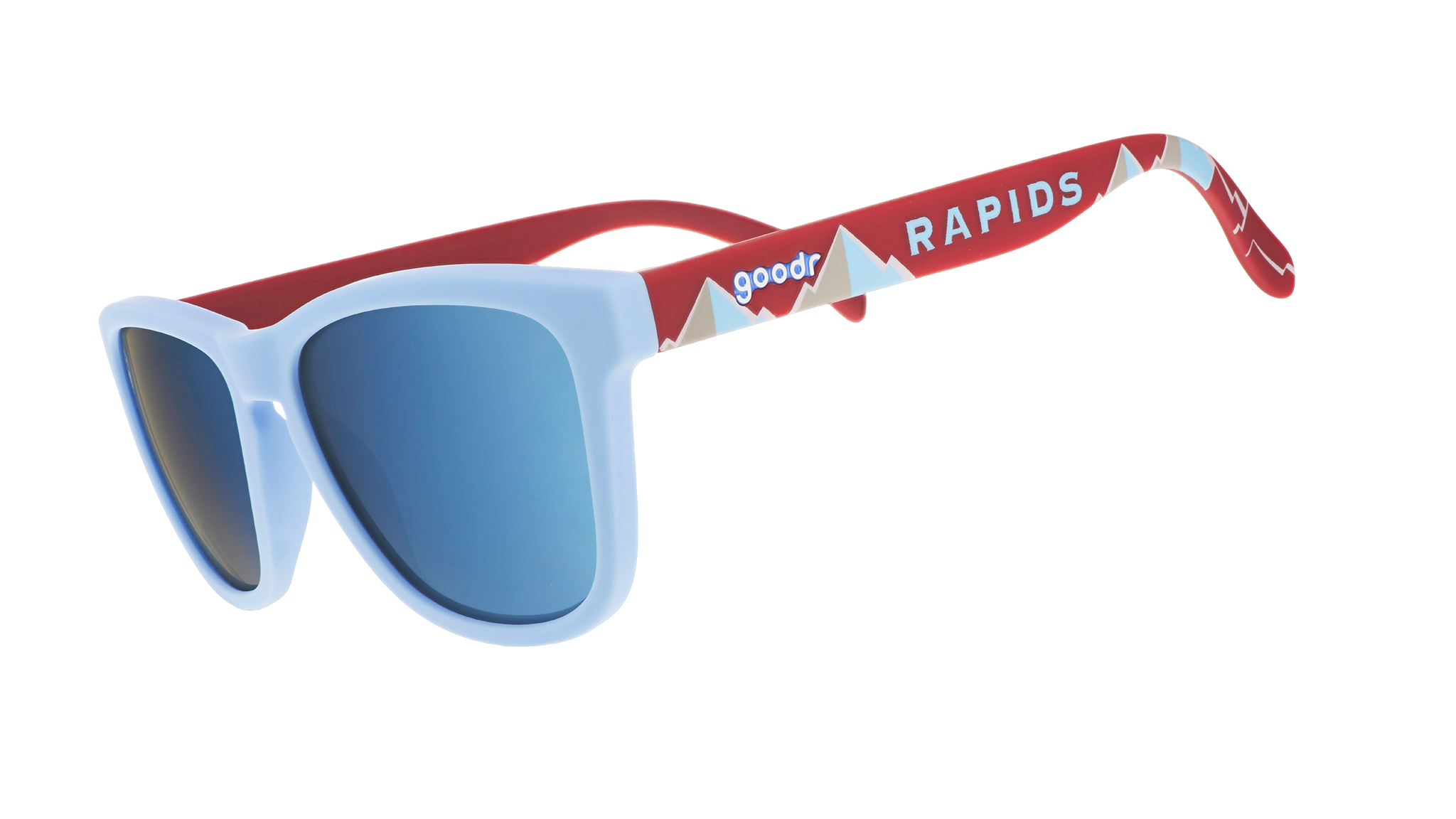 Three-quarter angle view of MLS Colorado Rapids shades tilted down. Blue+red patterned frames. Ice blue reflective lenses.