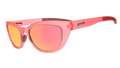 Three-quarter angle view of a pair of translucent pink cat-eye Cheetah G frames with pink champagne reflective lenses.